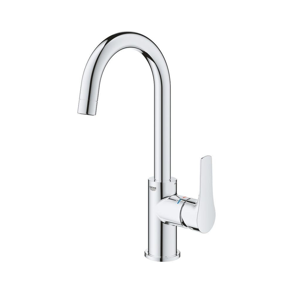 Robinetterie de lavabo Eurosmart Grohe, taille L, mitigeur monocommande, limiteur de température, corps lisse, vidange Push-Open, bec orientable, Chrome