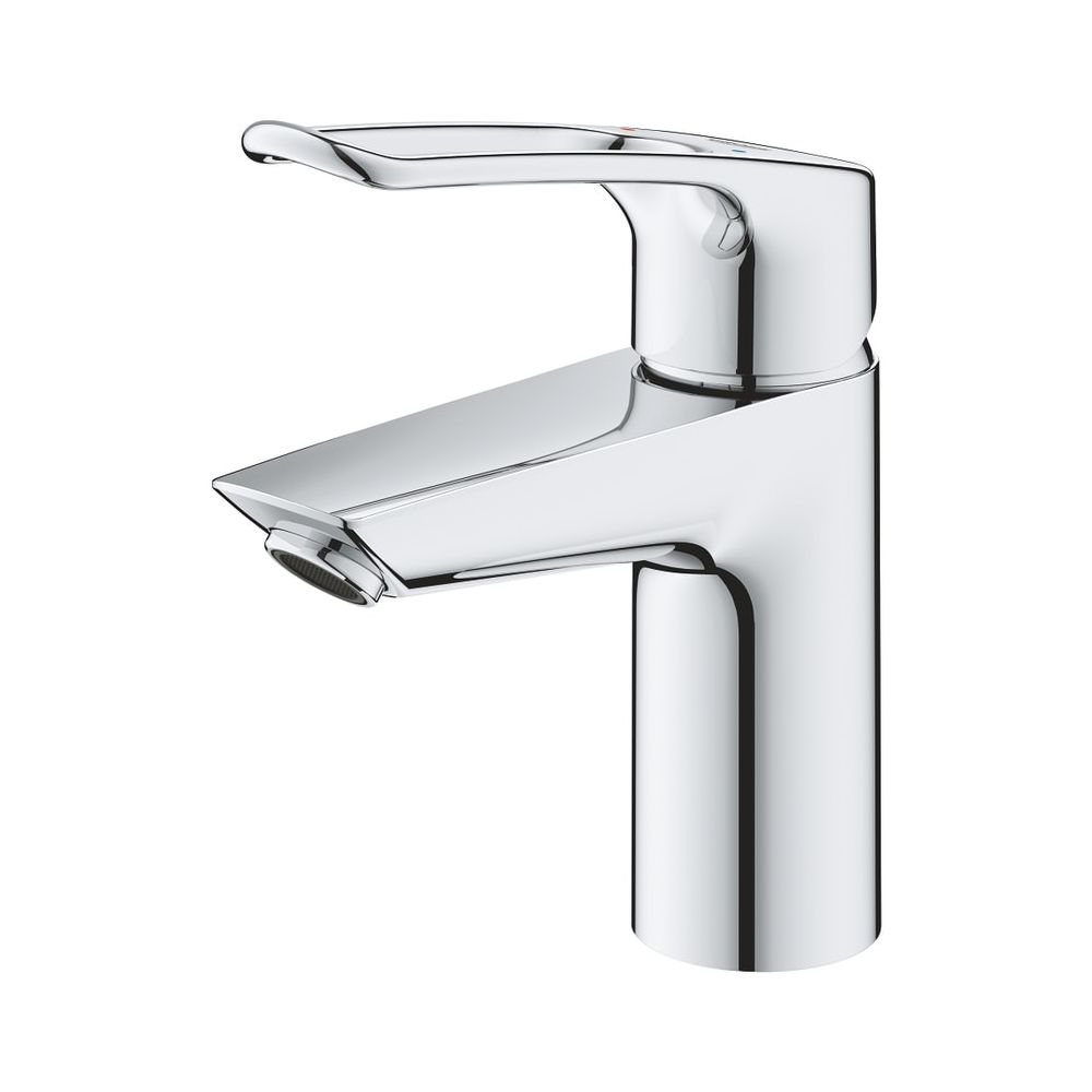 Robinetterie de lavabo Grohe Eurosmart, taille S, bec métallique lisse avec levier ouvert, évacuation push-open, finition chromée