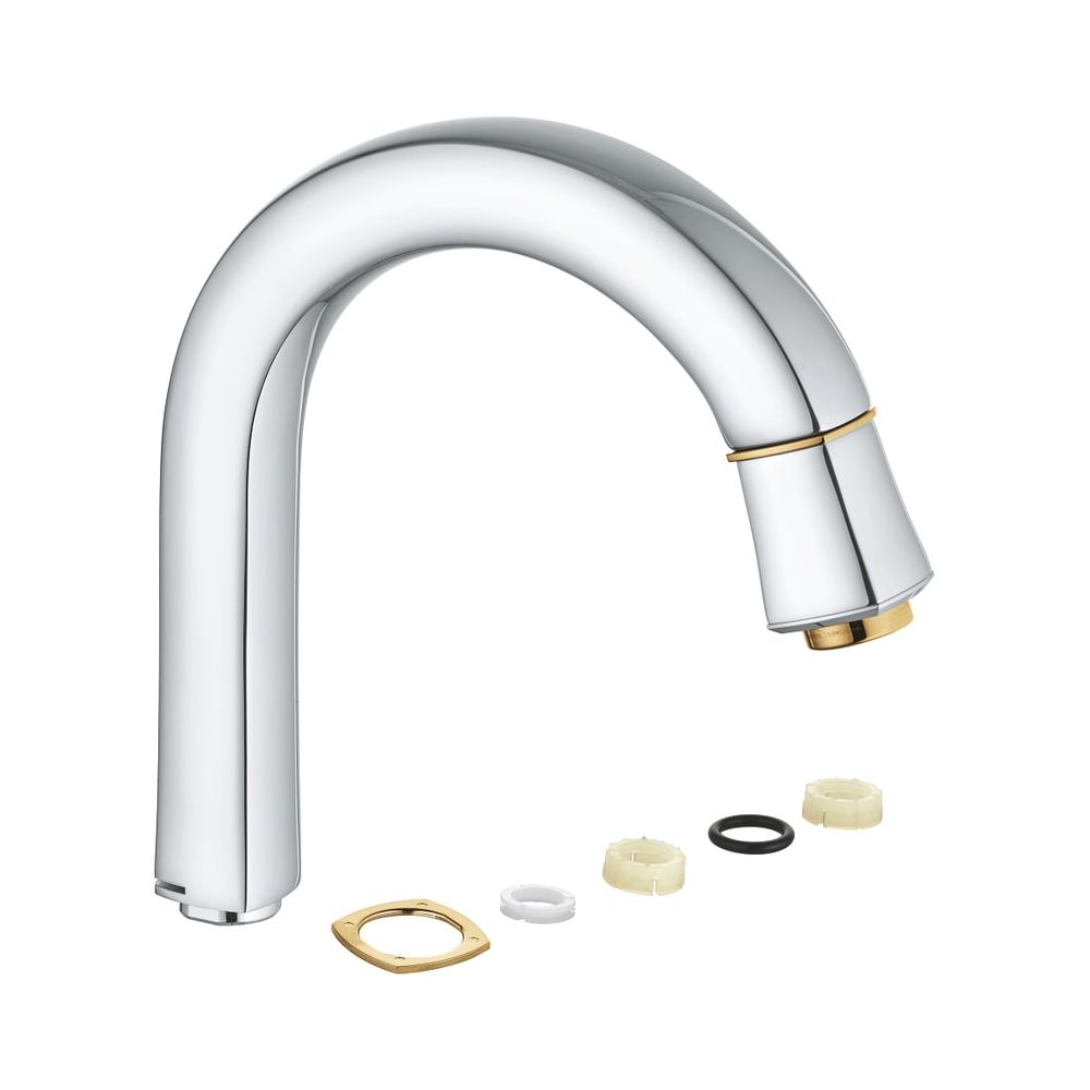 Sortie de robinetterie Grohe, longueur 143 mm, pivotante, régulateur de débit 5,7 l/min, chromé/or, réf. 13349IG0
