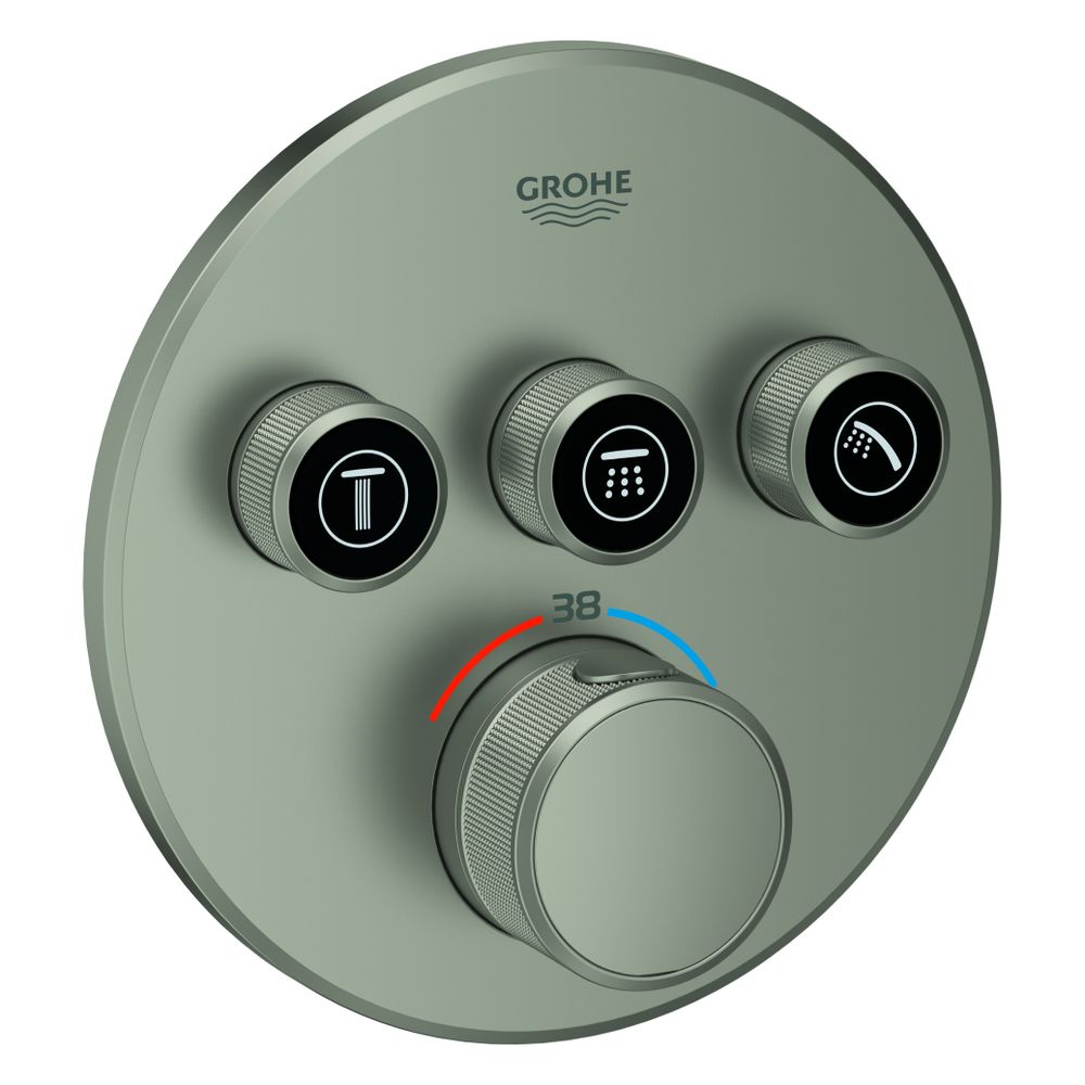 Grohe Grohtherm SmartControl Thermostat rond, kit de montage prêt à poser pour Rapido SmartBox, 3 vannes, finition Satin Steel, 29121MS0