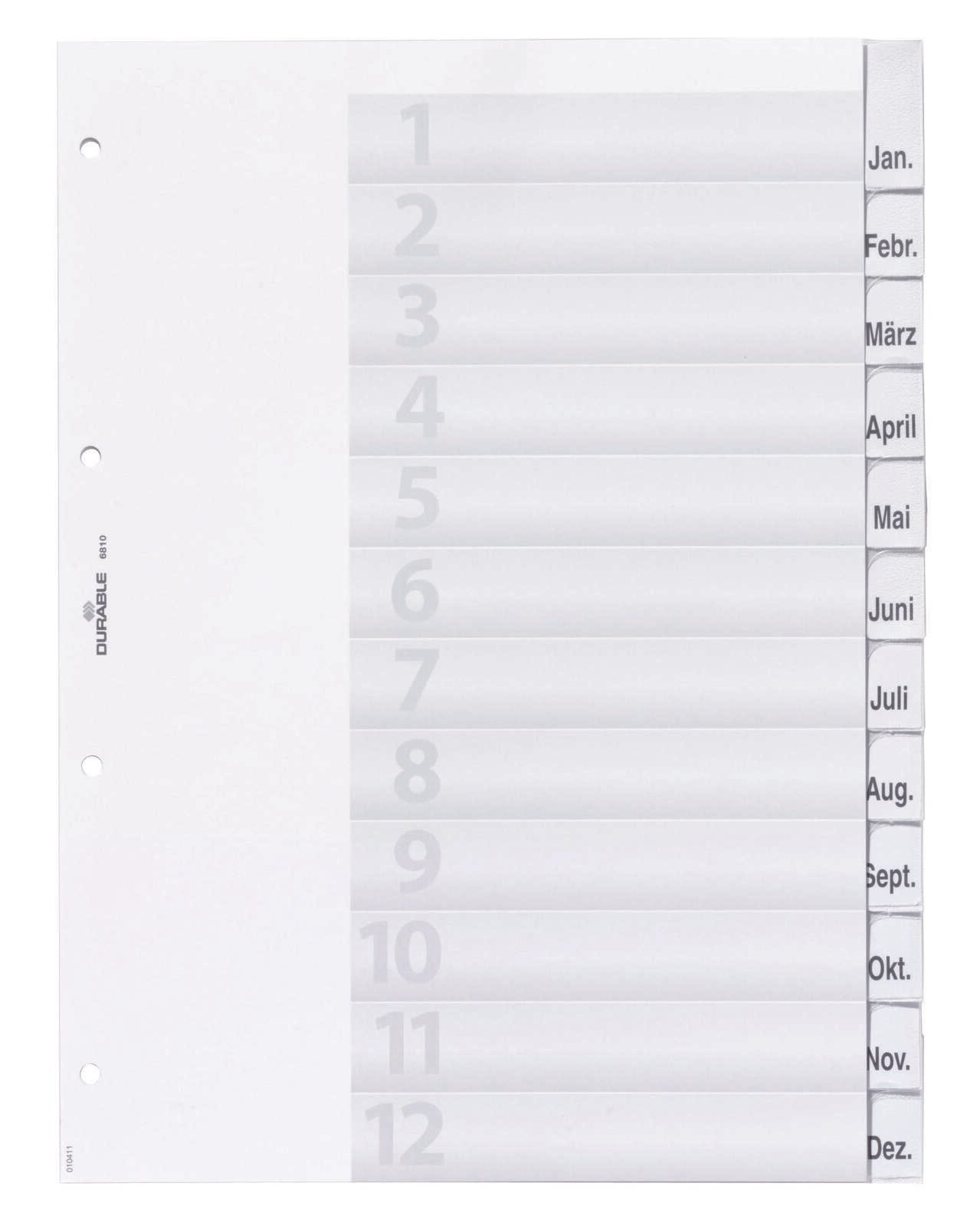 Registres de classeur DURABLE DIN A4 1-12 Jan.-Déc. vierges en plastique transparent 12 feuilles de registre DURABLE