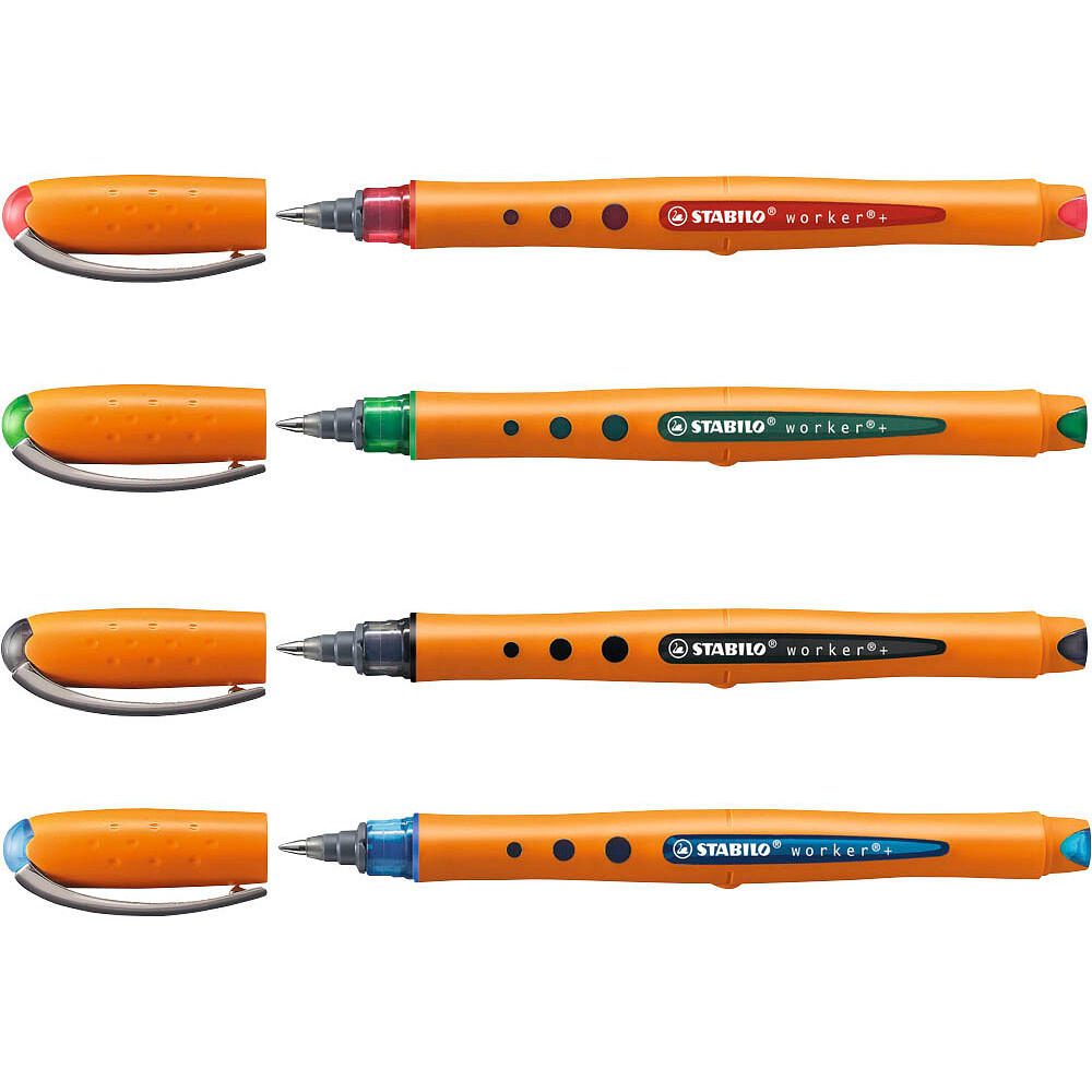 STABILO worker®+ Stylo à bille 0,5 mm - lot de 4 couleurs (noir, bleu, rouge, vert)