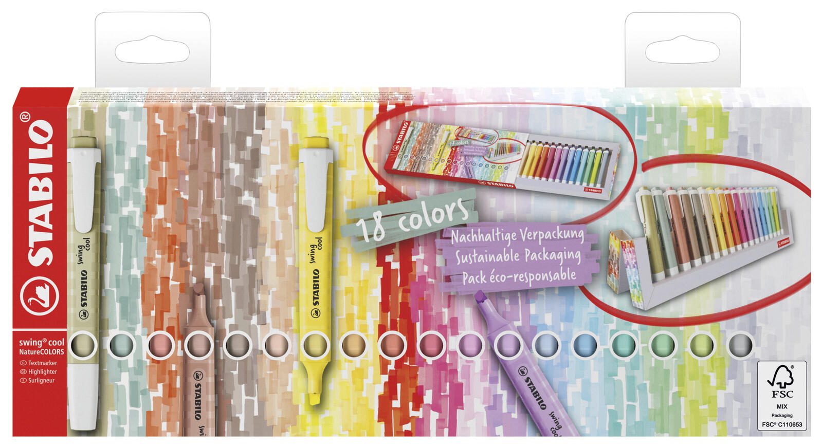 STABILO swing cool NatureCOLORS Surligneurs multicolores 1,0 - 4,0 mm - 1 boîte = 18 unités — lot de 18 pièces