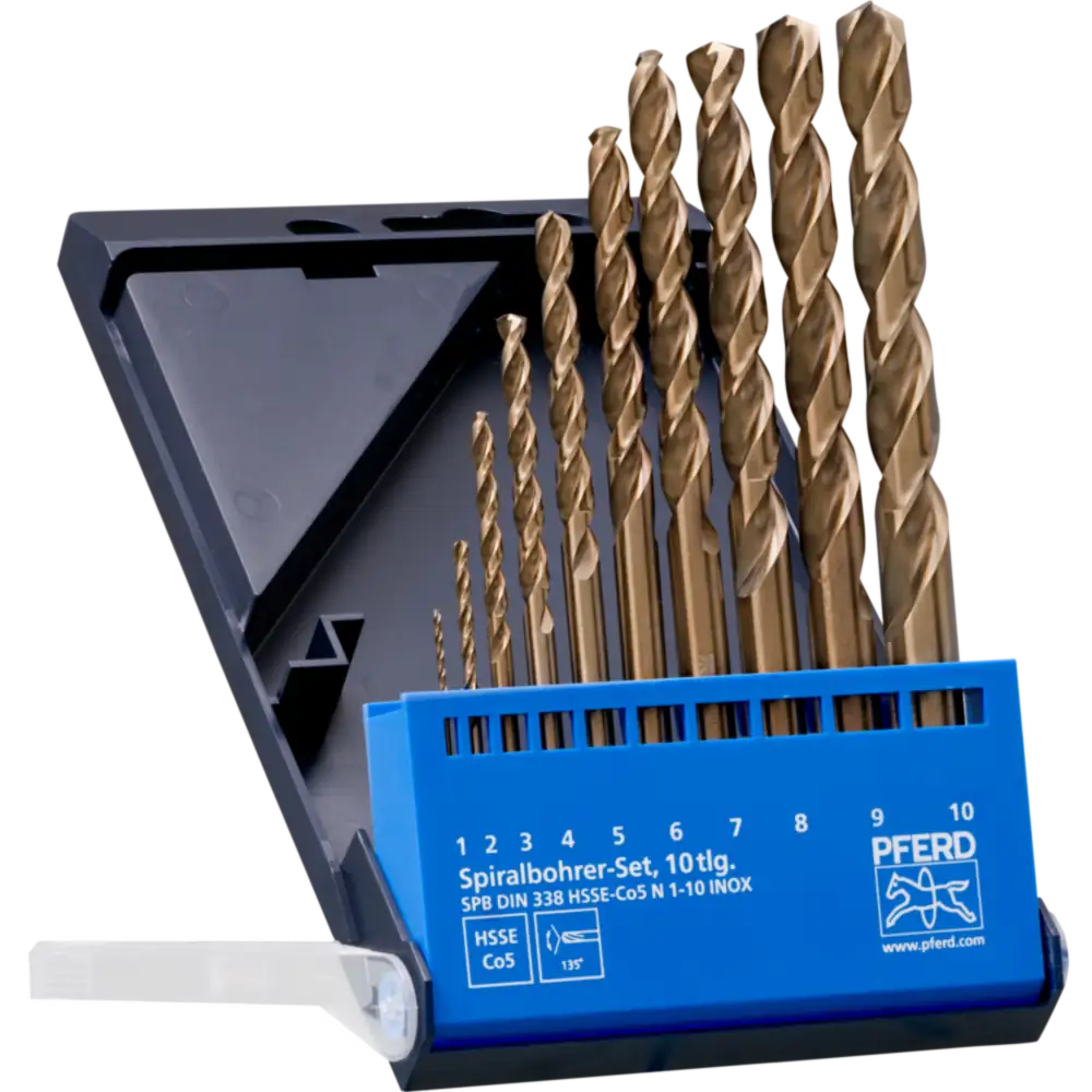 PFERD TOOLS Jeu de forets hélicoïdaux 10 pièces INOX HSSE N DIN 338 pour matériaux durs et tenaces — lot de 10 pièces