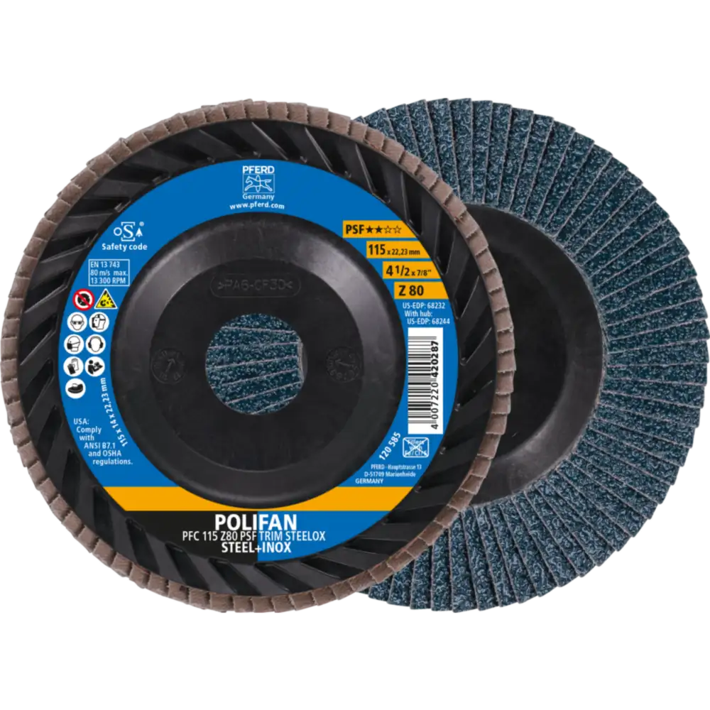 Disque à lamelles PFERD TOOLS POLIFAN PFC conique Universallinie PSF TRIM STEELOX pour acier/inox