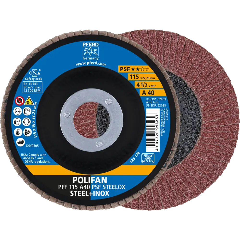 Disque à lamelles PFERD POLIFAN PFF plat corindon A ligne universelle PSF STEELOX acier/inox