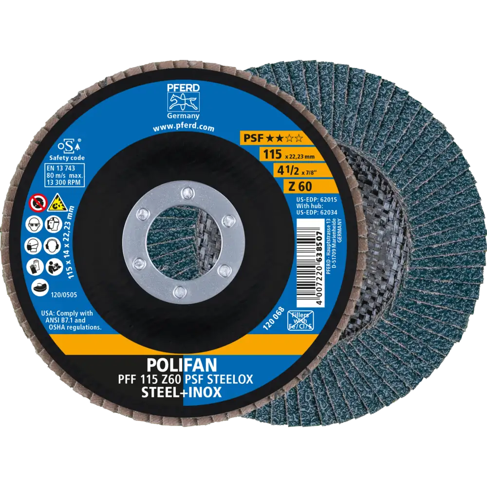 PFERD TOOLS POLIFAN Disque à lamelles PFF plat Zirconium Corindon Ligne universelle PSF STEELOX Acier/Acier inoxydable