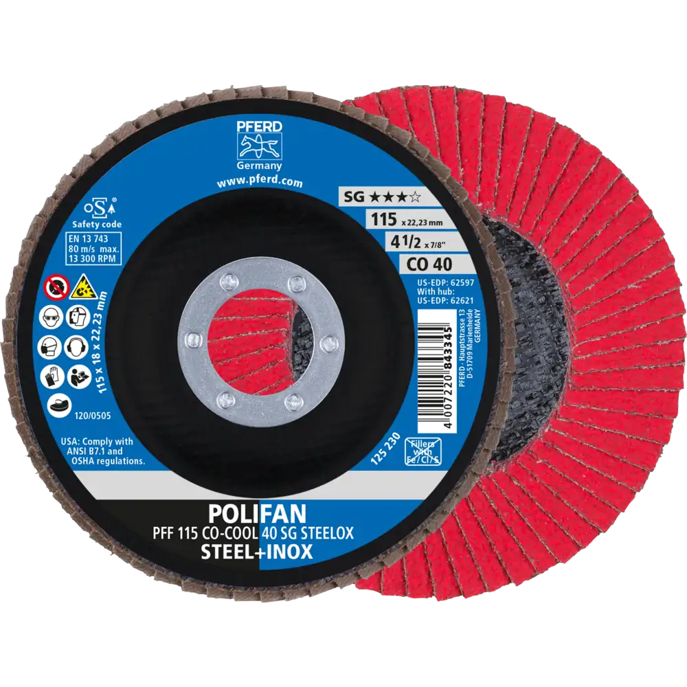 PFERD TOOLS POLIFAN Disque à lamelles PFF plat CO-COOL SG STEELOX acier/acier inoxydable