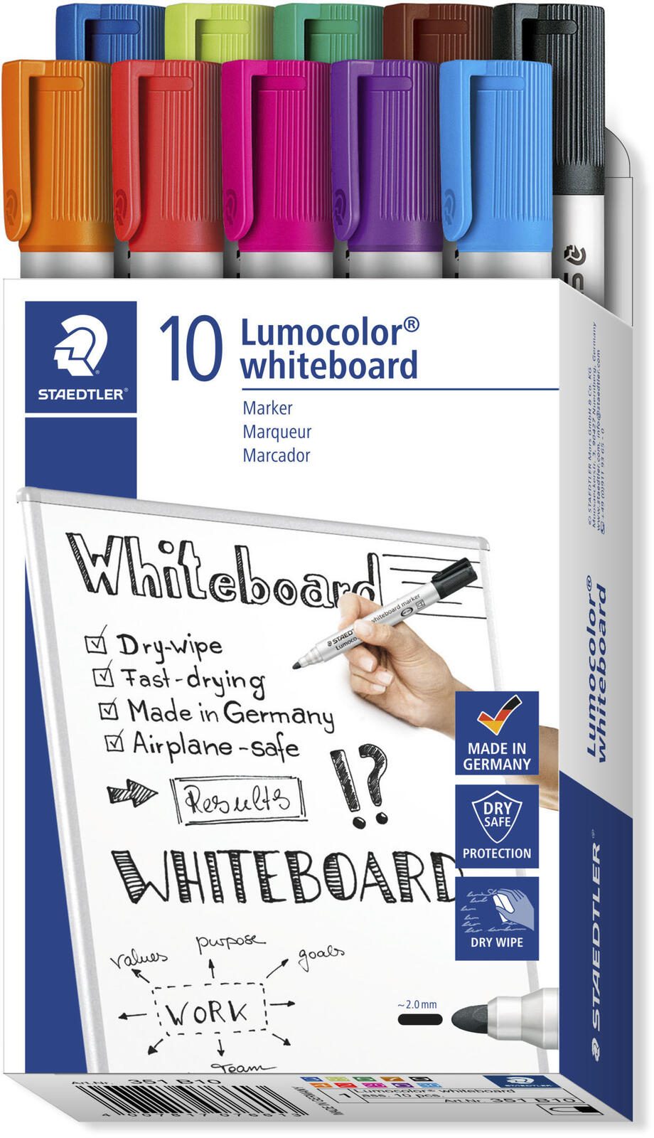 Marqueurs pour tableau blanc STAEDTLER Lumocolor 2,0 mm multicolores — lot de 10 pièces