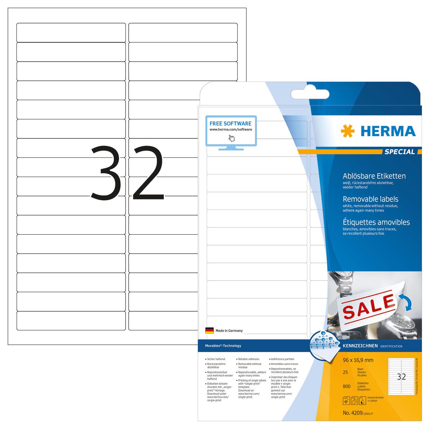 Étiquette Herma 4209 96x16,9 mm amovible blanc 800 étiquettes