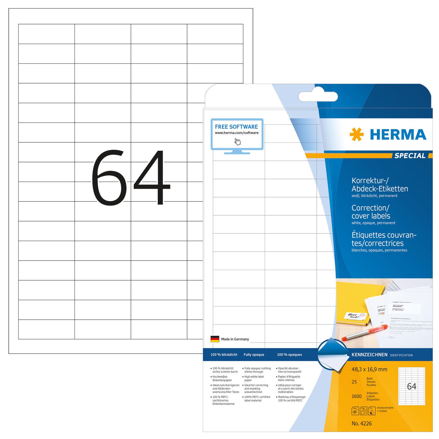 Étiquette Herma 4226 48,3x16,9mm A4 blanc 1 600 pièces/pack — lot de 600