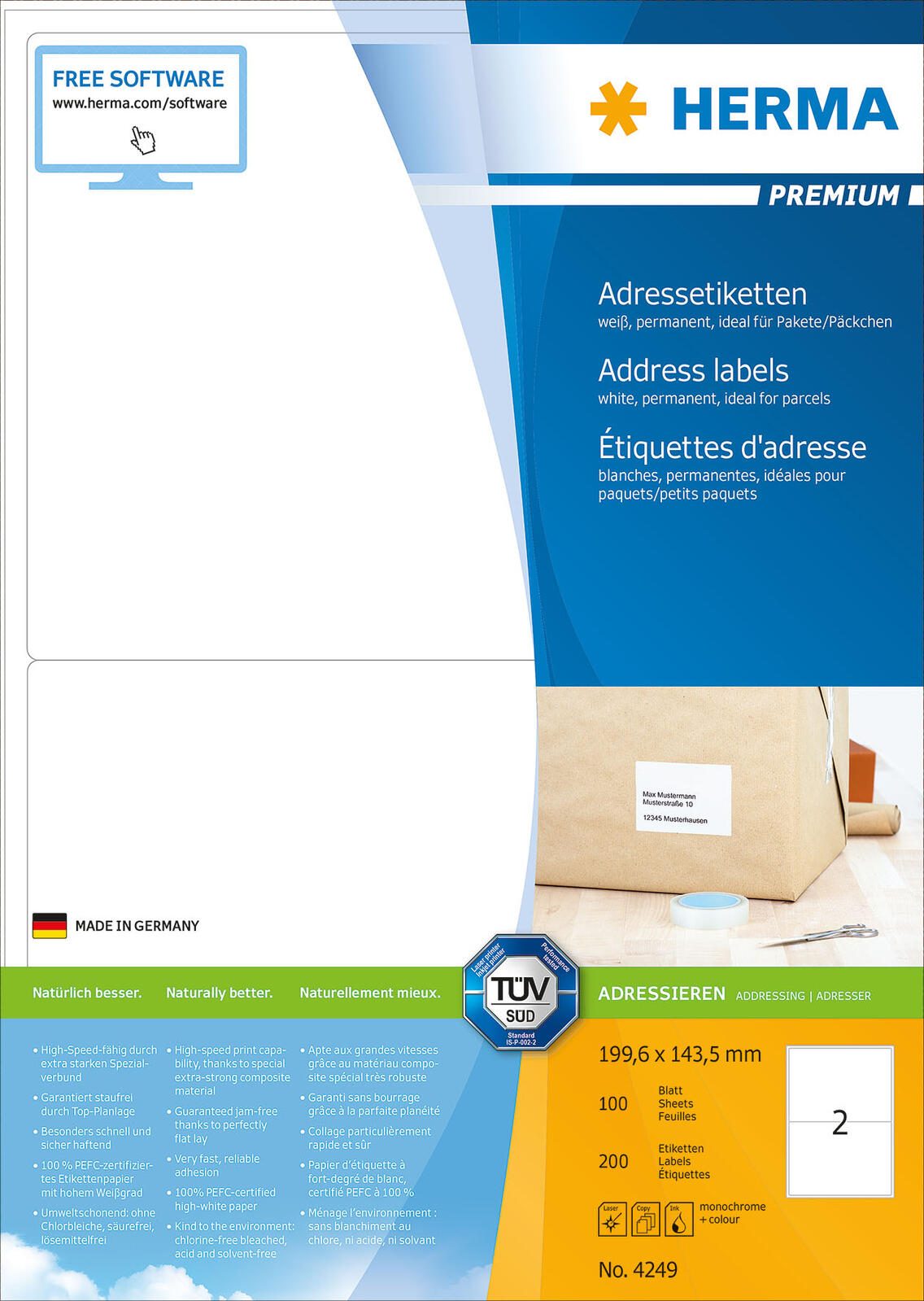 Étiquettes d'adresse HERMA 4249 blanc 199,6 x 143,5 mm 1 boîte = 100 feuilles