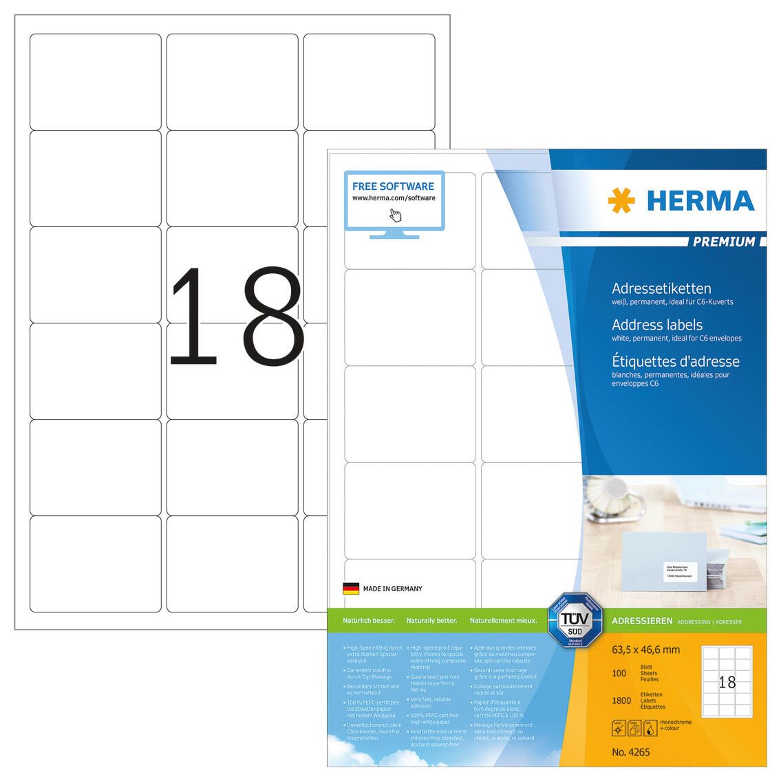 Étiquettes d'adresse HERMA 4265 blanc 63,5 x 46,6 mm 1 boîte = 100 feuilles