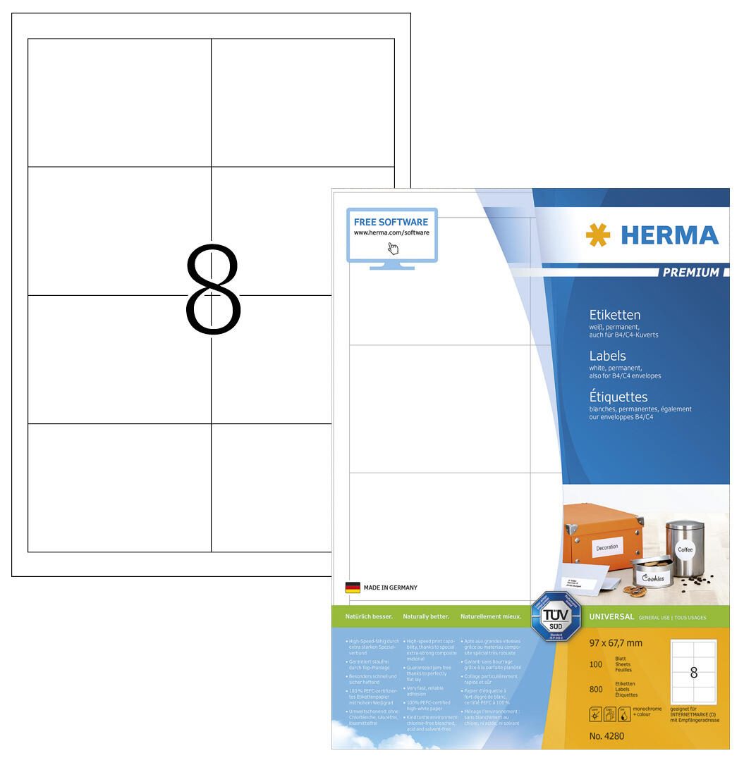 Étiquettes HERMA 4280 blanc 97,0 x 67,7 mm - 1 paquet = 100 feuilles