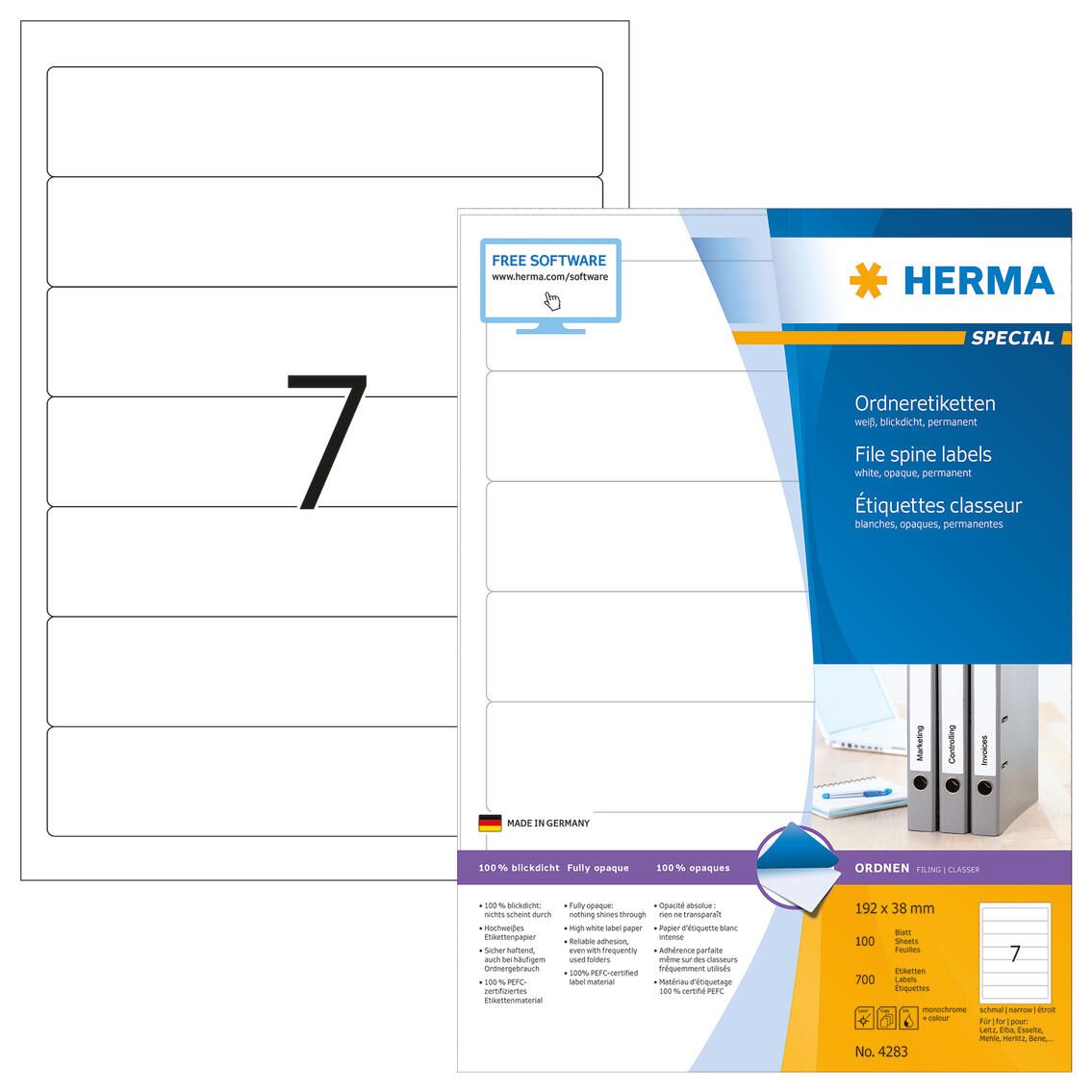 Étiquettes pour classeurs HERMA 38,0 x 192,0 mm blanc 1 paquet = 100 feuilles