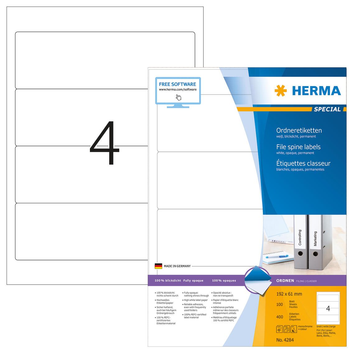 Étiquettes pour classeurs HERMA 61,0 x 192,0 mm blanc 1 paquet = 100 feuilles