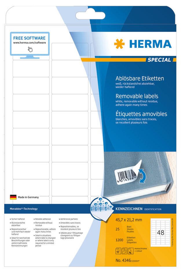 Étiquette Herma 4346 45,7x21,2 mm amovible blanc 1 200 pièces — lot de 200 pièces