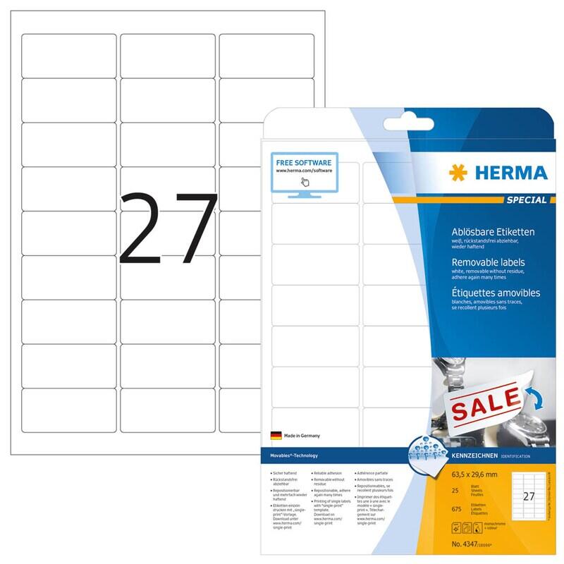 HERMA Étiquette 4347 63,5x29,6mm amovible blanc 675 étiquettes