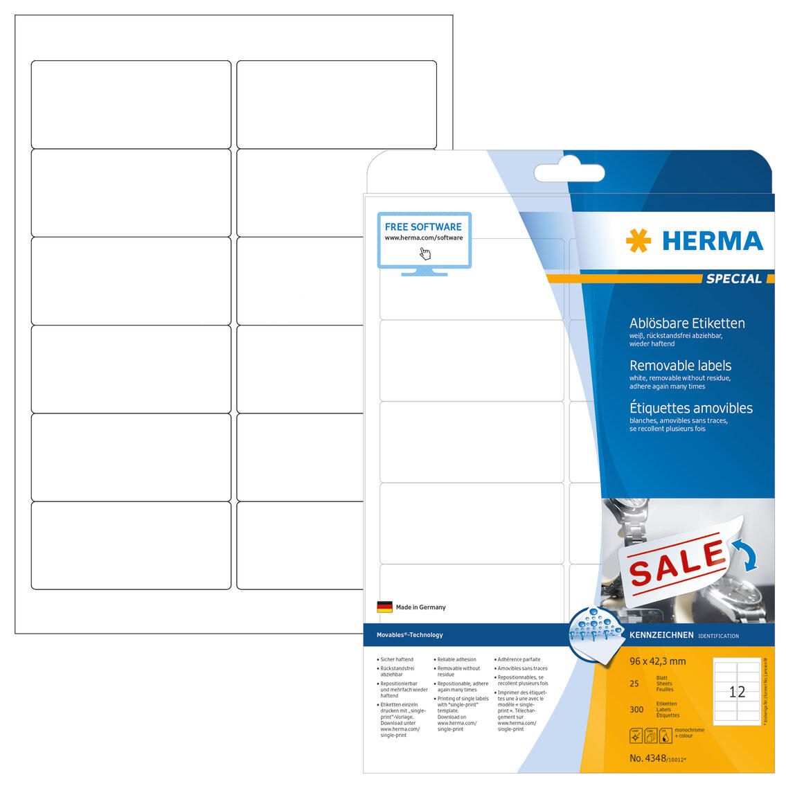 Étiquette Herma 4348 96x42,3 mm amovible adhésif 300 pcs. — lot de 300 pièces