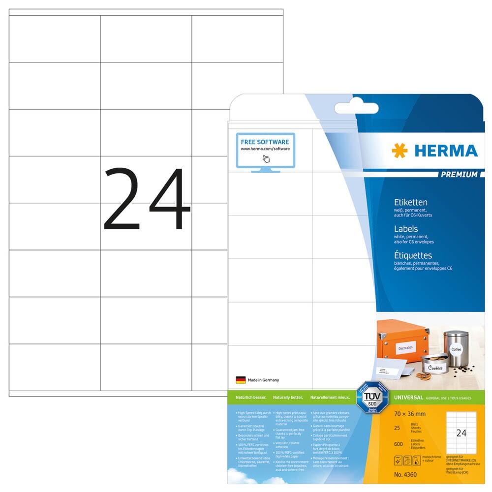 Étiquette Herma Premium 4360 70x36 mm blanche 600 étiquettes/paquet