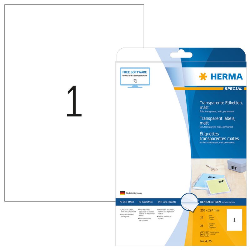 Étiquettes adhésives Herma 4375 210x297mm transparentes 25 pièces/paquet — lot de 25 pièces