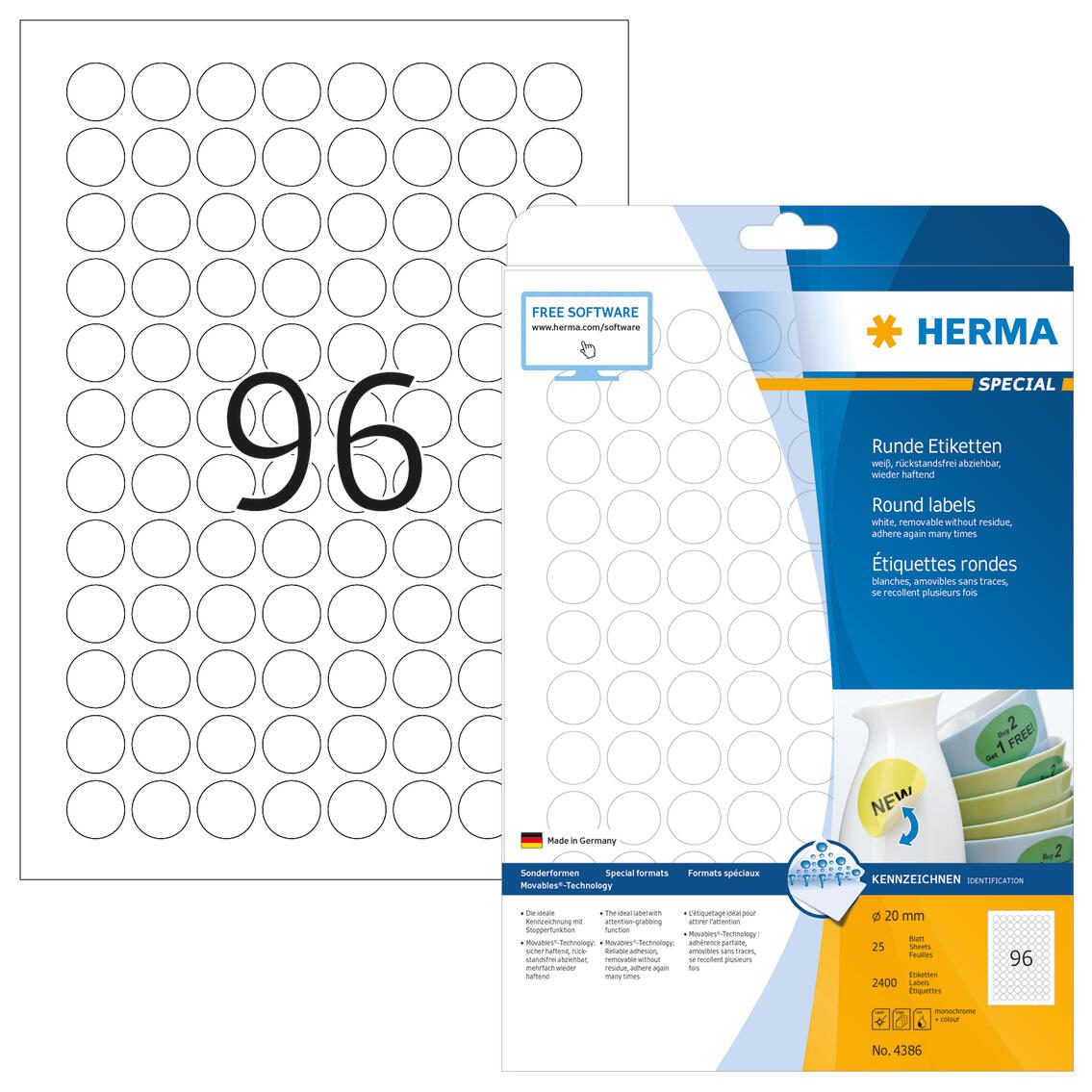 Étiquette Herma 4386 20 mm ronde amovible blanc 2 400 pièces — lot de 400 pièces