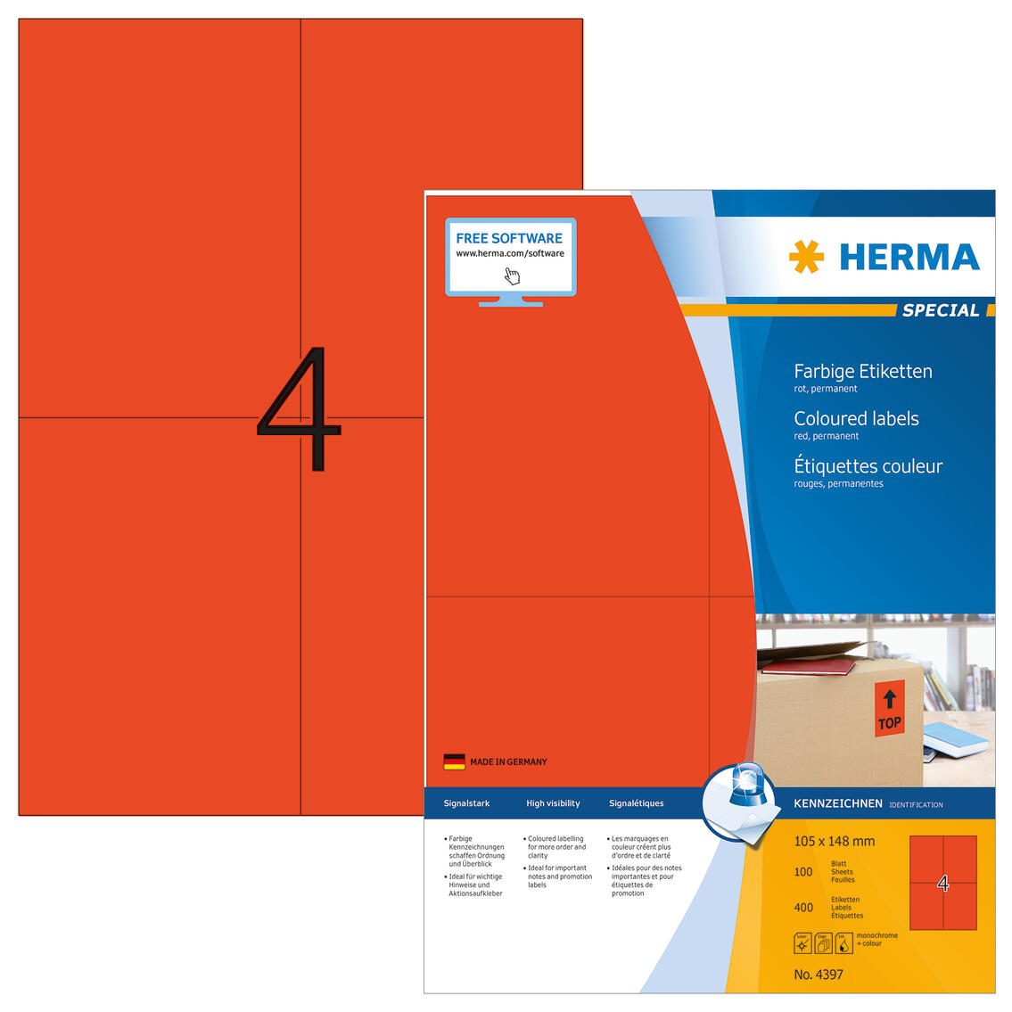 Étiquettes HERMA 4397 rouge 105,0 x 148,0 mm 1 paquet = 100 feuilles