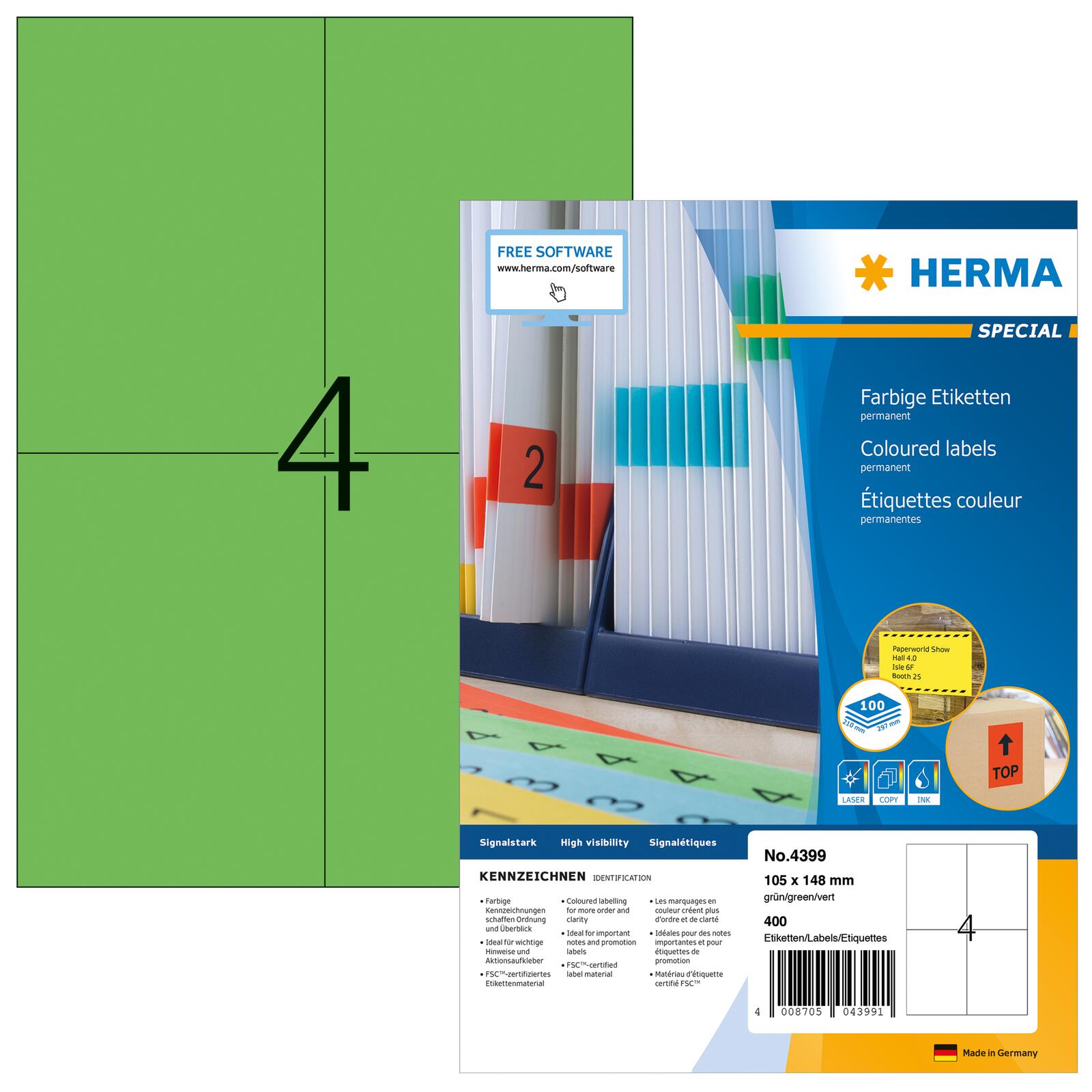 Étiquettes HERMA SPECIAL 105,0 x 148,0 mm vert 1 boîte = 100 feuilles
