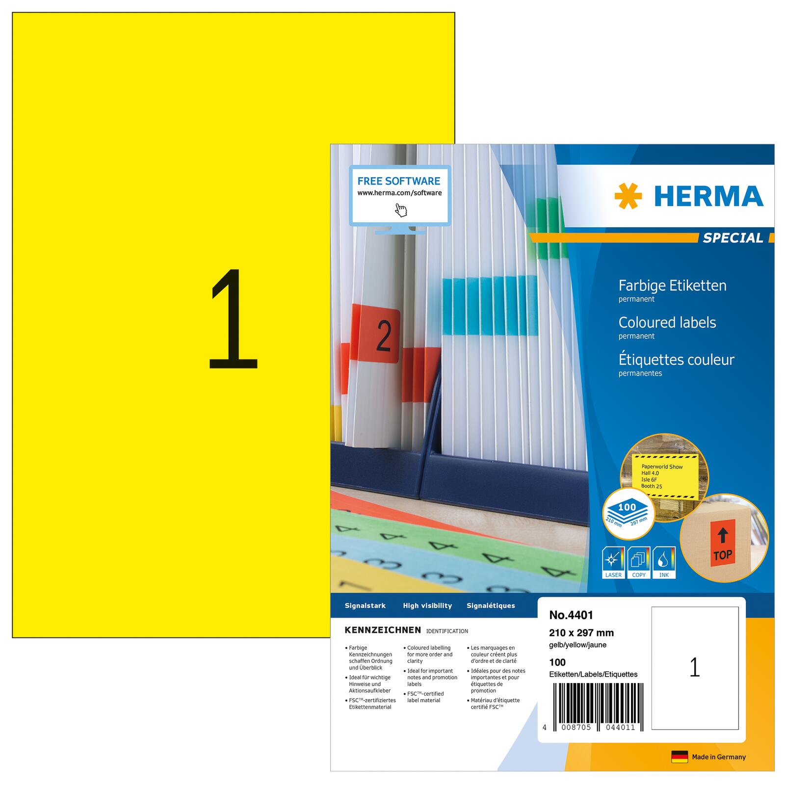 HERMA Étiquettes SPECIAL 210,0 x 297,0 mm, jaune - 1 paquet = 100 feuilles — lot de 100