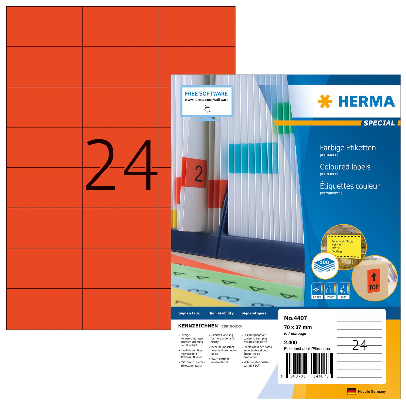 Étiquettes HERMA SPECIAL 70,0 x 37,0 mm, rouge 1 paquet = 100 feuilles
