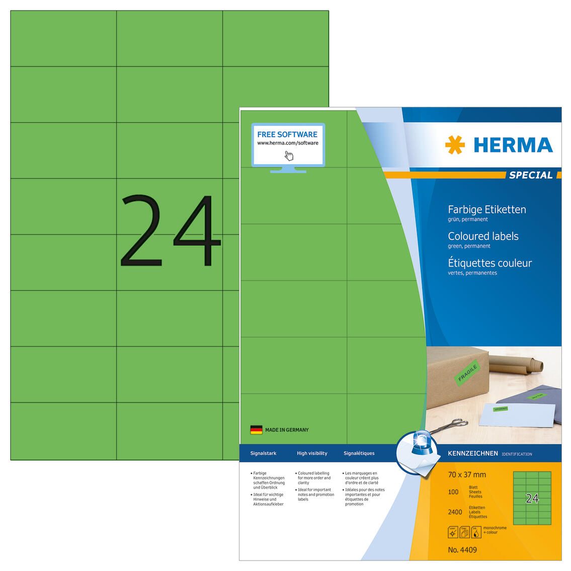 HERMA Étiquettes 4409 vert 70,0 x 37,0 mm 1 boîte = 100 feuilles