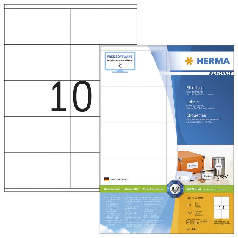 HERMA Étiquettes 4425 blanc 105,0 x 57,0 mm 1 boîte = 100 feuilles