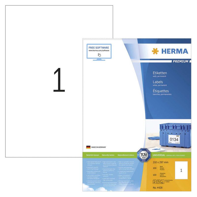 HERMA Étiquettes 4428 blanc A4 (210,0 x 297,0 mm) 1 boîte = 100 feuilles