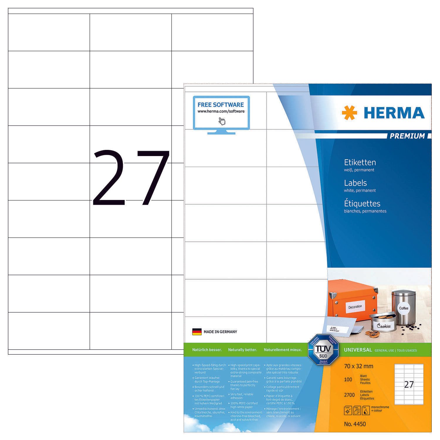 Étiquettes laminées HERMA 4450 blanc 70,0 x 32,0 mm 1 boîte = 100 feuilles