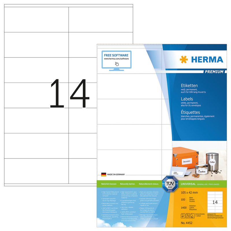 HERMA Étiquettes 4452 blanc 105,0 x 42,0 mm 1 boîte = 100 feuilles