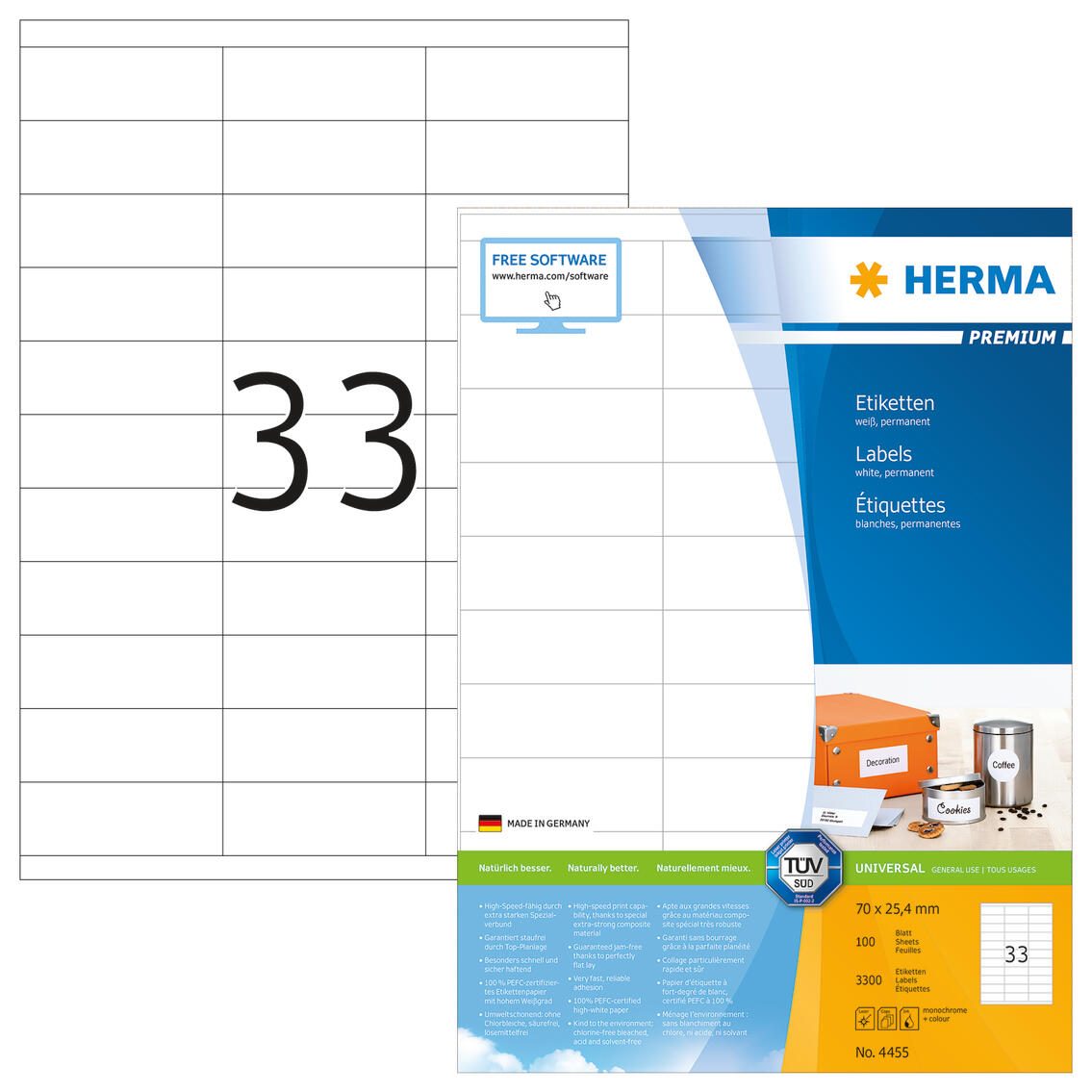 HERMA Étiquettes 4455 blanc 70,0 x 25,4 mm 1 boîte = 100 feuilles