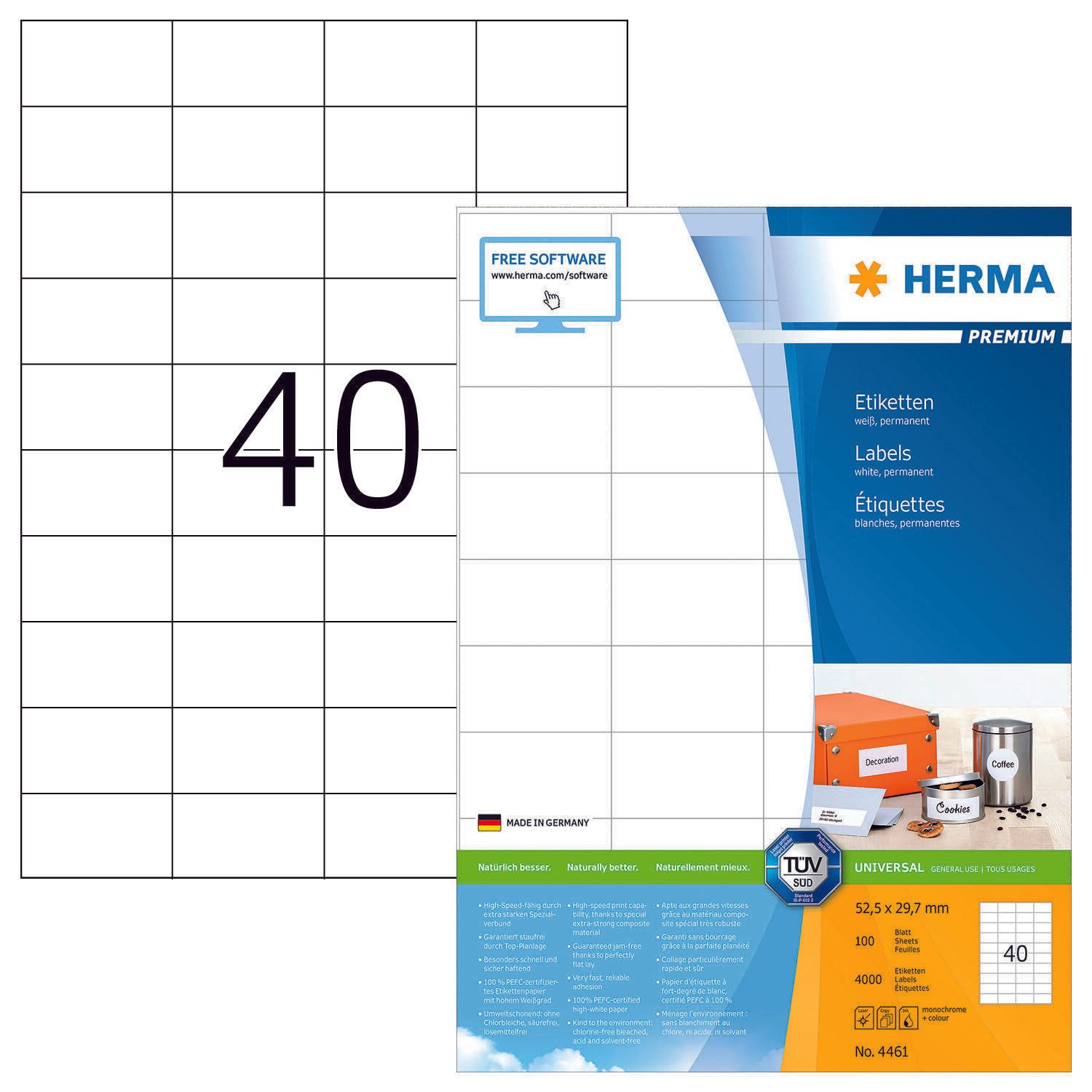 HERMA Étiquettes 4461 blanc 52,5 x 29,7 mm 1 boîte = 100 feuilles