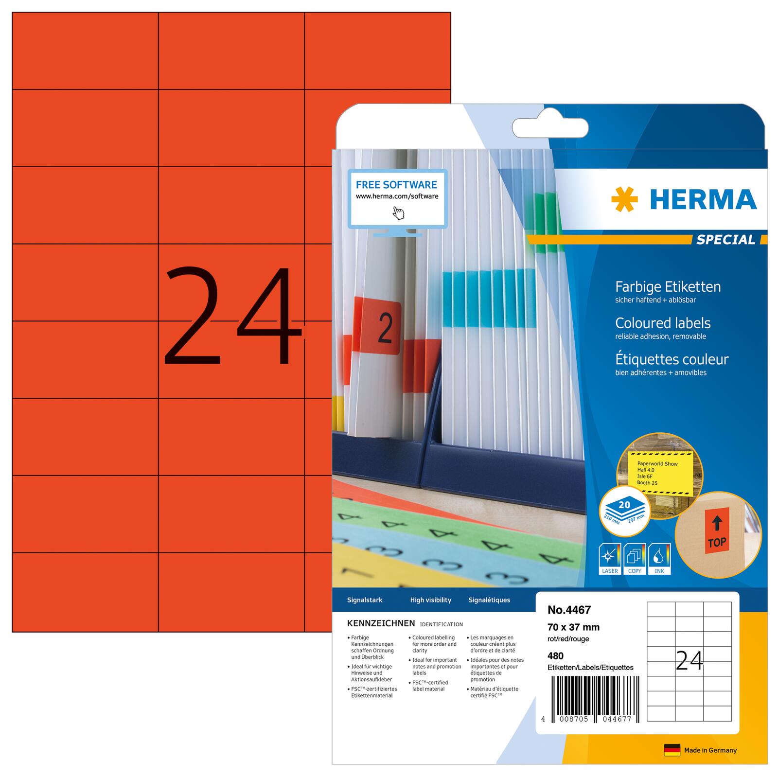 Étiquette Herma SPECIAL 4467 70x37 mm rouge — lot de 480