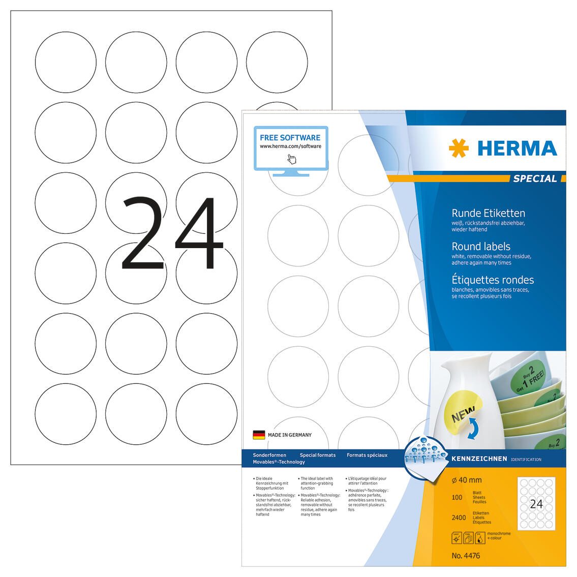 HERMA Étiquettes 4476 blanc 40,0 x 40,0 mm 1 boîte = 100 feuilles