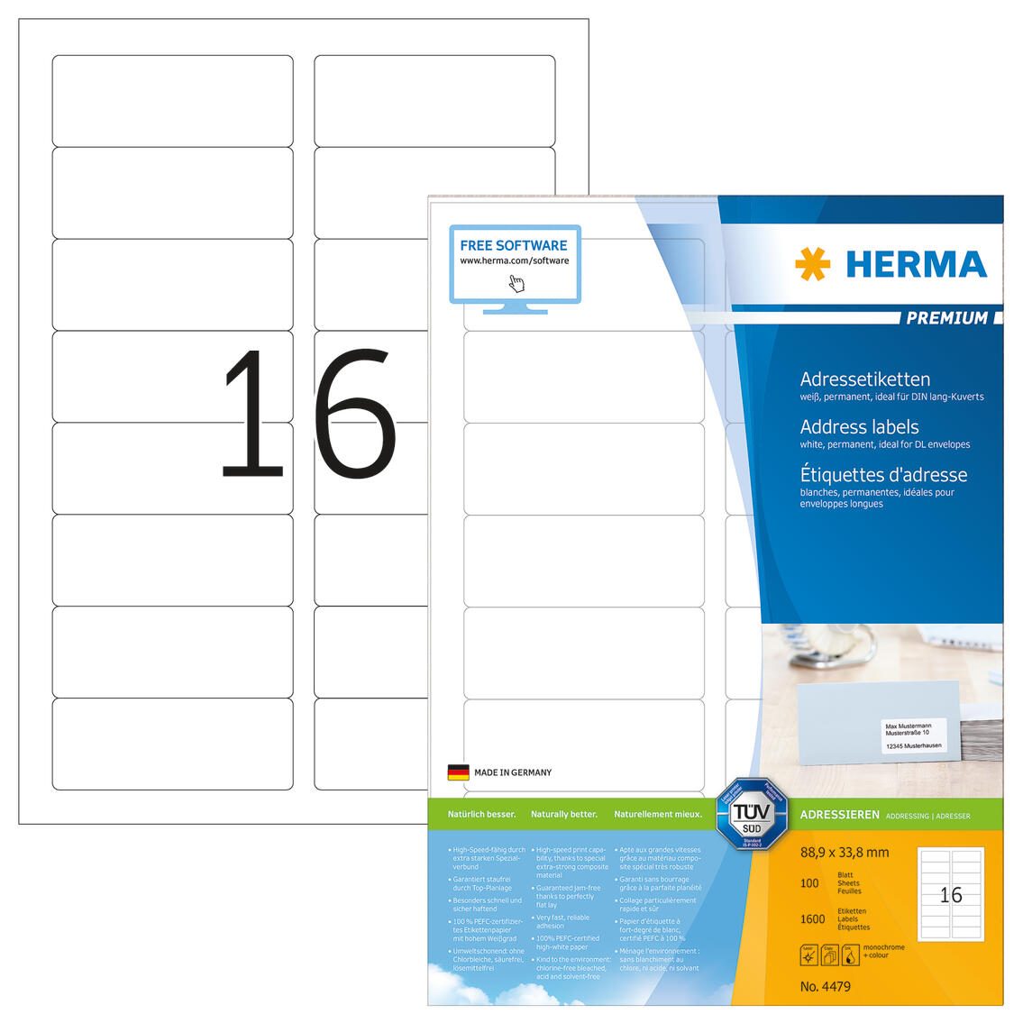 HERMA Étiquettes 4479 blanc 88,9 x 33,8 mm 1 boîte = 100 feuilles