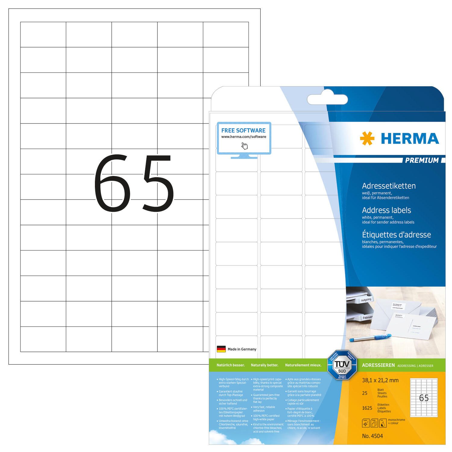 HERMA Étiquettes d'adresse laminées 4504 blanc 38,1 x 21,2 mm 1 paquet = 25 feuilles