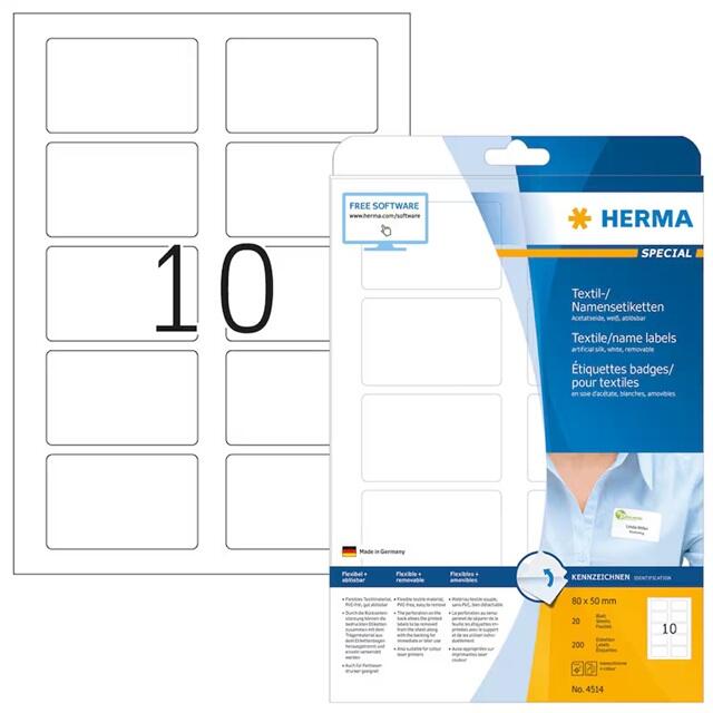 Étiquette nominative Herma 4514, soie, 80 x 50 mm, blanc, 200 étiquettes/boîte