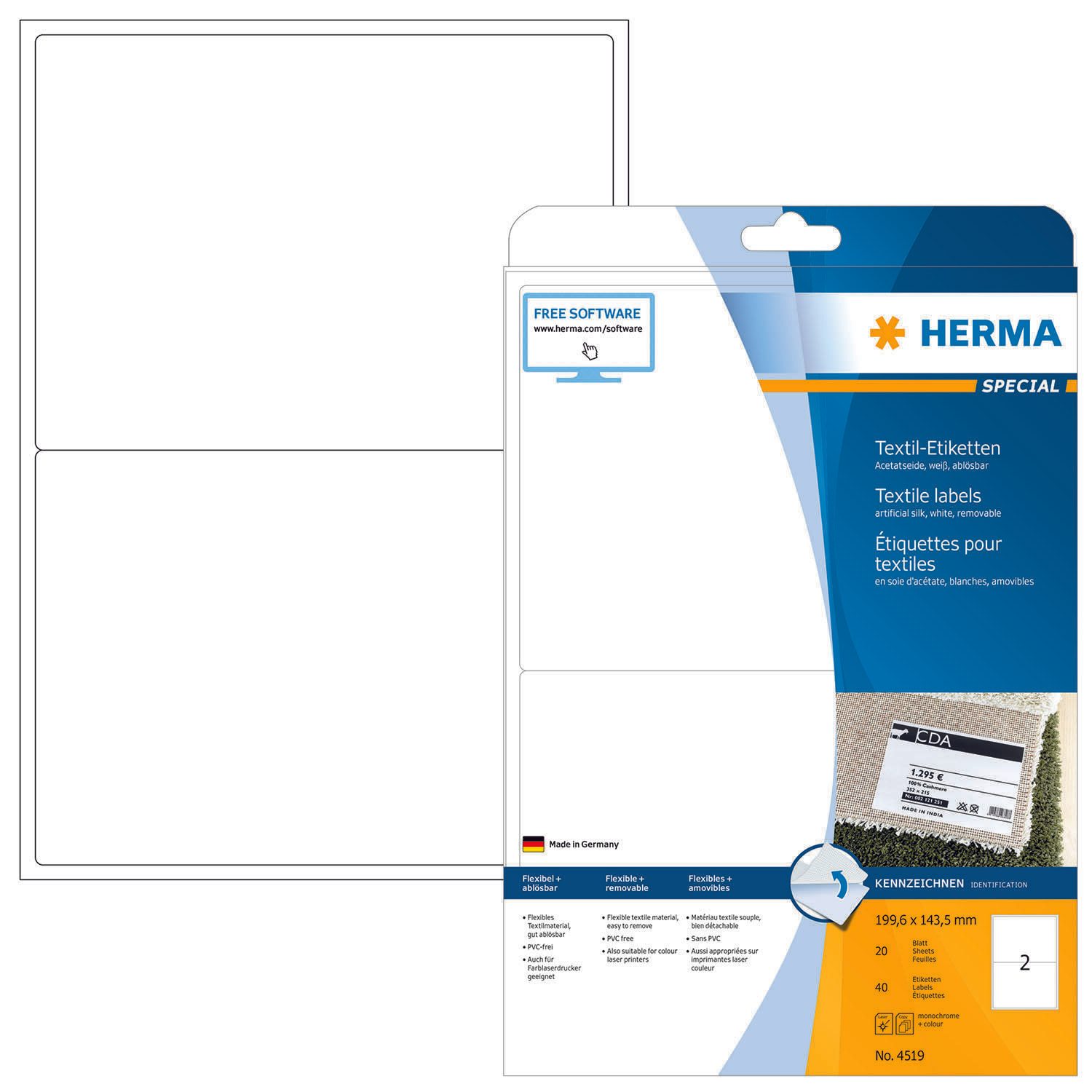 Étiquette textile Herma 4519 soie 199,6x143,5 mm blanc 40 étiquettes/pack
