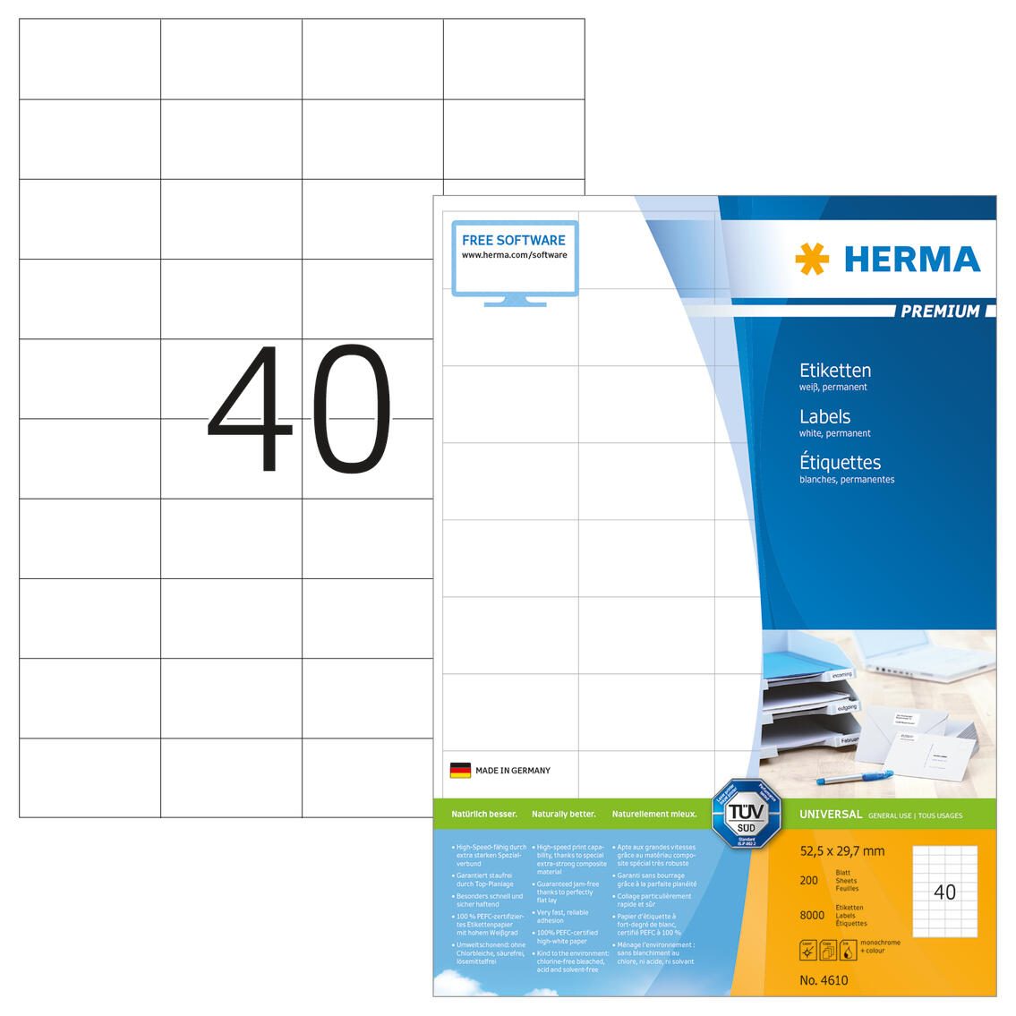 Étiquettes HERMA 4610 blanc 52,5 x 29,7 mm - 1 paquet = 200 feuilles