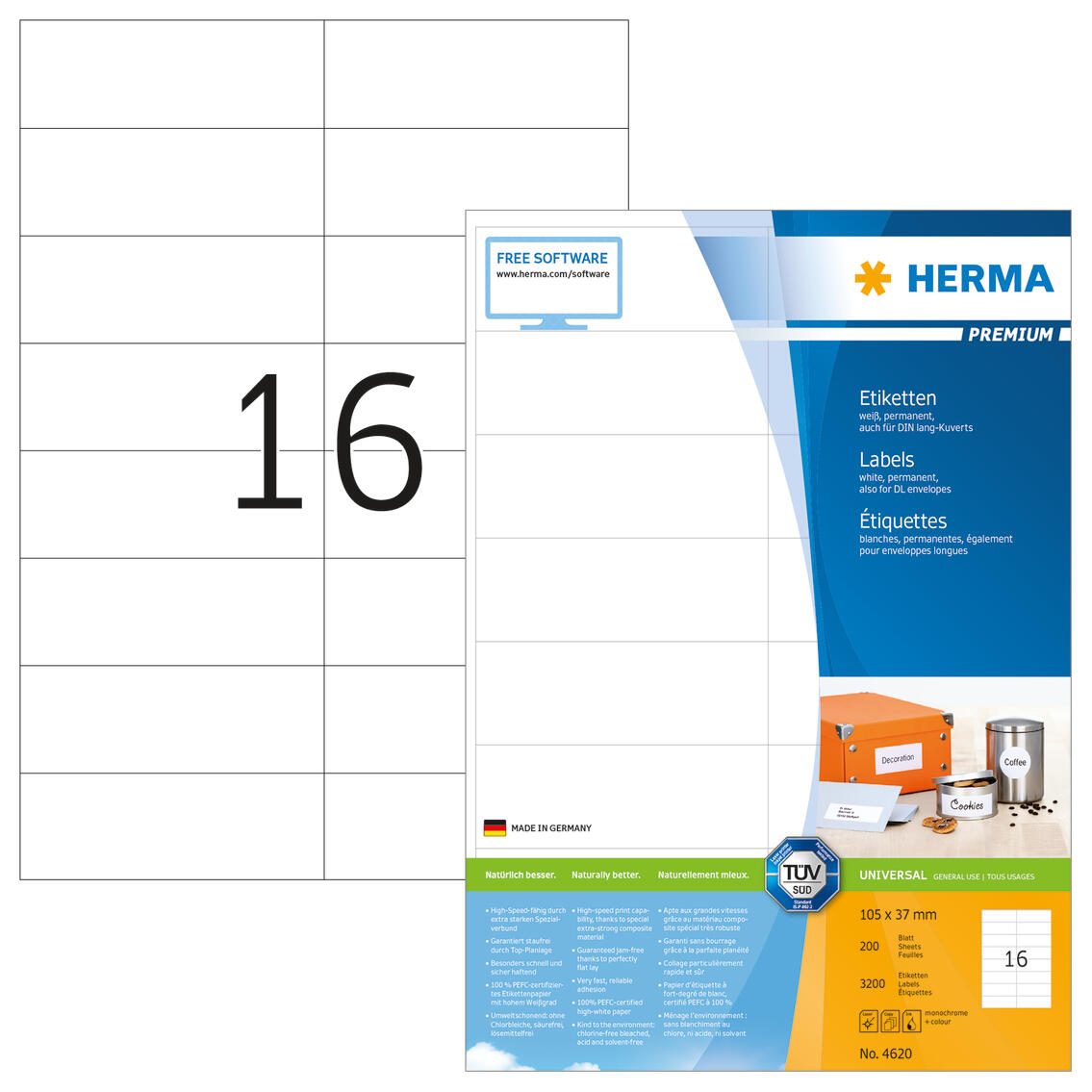 HERMA Étiquettes 4620 blanc 105,0 x 37,0 mm 1 boîte = 200 feuilles