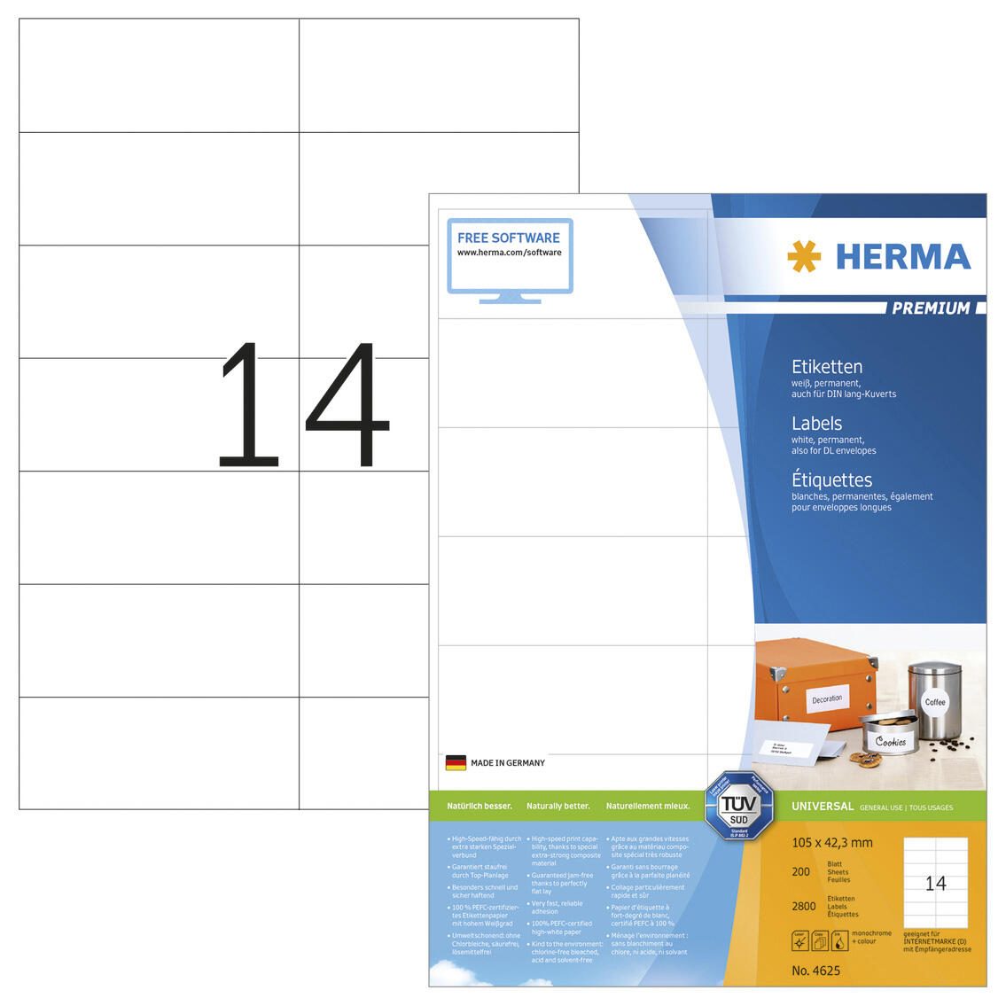 Étiquettes HERMA 4625 blanc 105,0 x 42,3 mm 1 boîte = 200 feuilles