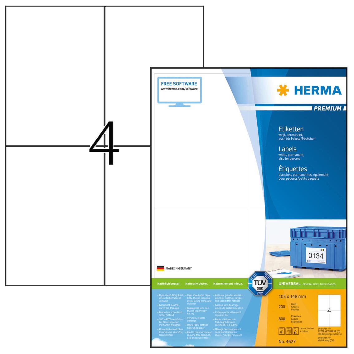 Étiquettes HERMA 4627 blanc 105,0 x 148,0 mm 1 boîte = 200 feuilles