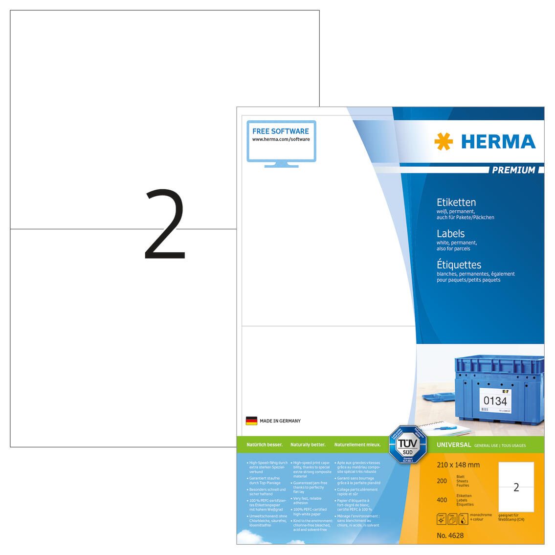 Étiquettes HERMA 4628 blanc 210,0 x 148,0 mm 1 boîte = 200 feuilles