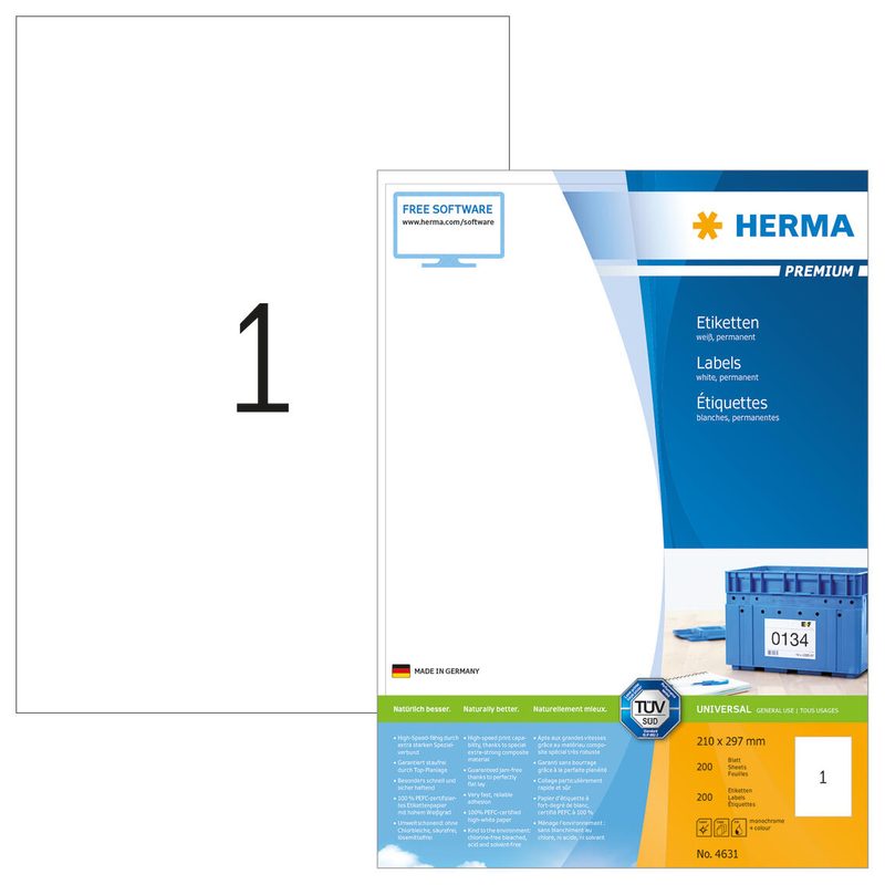 Étiquettes HERMA 4631 blanc 210,0 x 297,0 mm 1 boîte = 200 feuilles