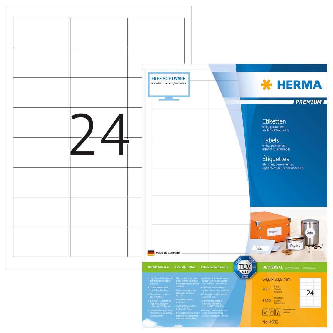 Étiquettes HERMA 4632 blanc 64,6 x 33,8 mm 1 boîte = 200 feuilles